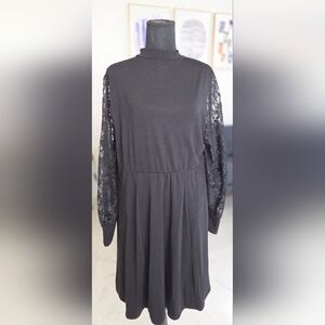 torrid Black Lace-Sleeve Long Sleeve Fit-and-Flare Dress